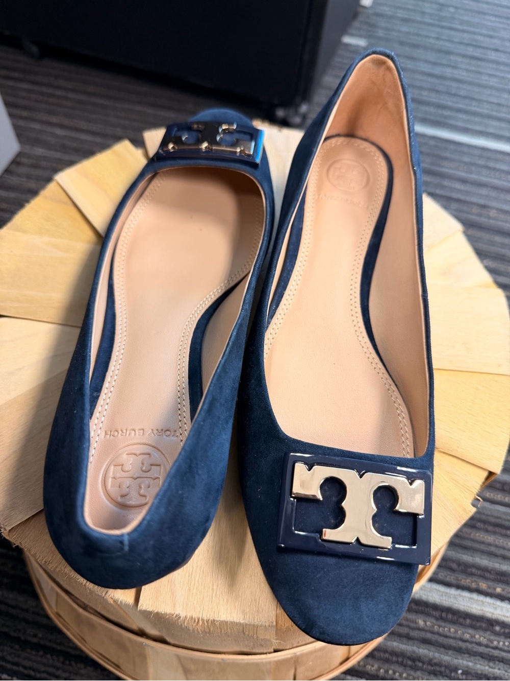 Tory Burch Navy Suede Logo Plaque Ballet Flats